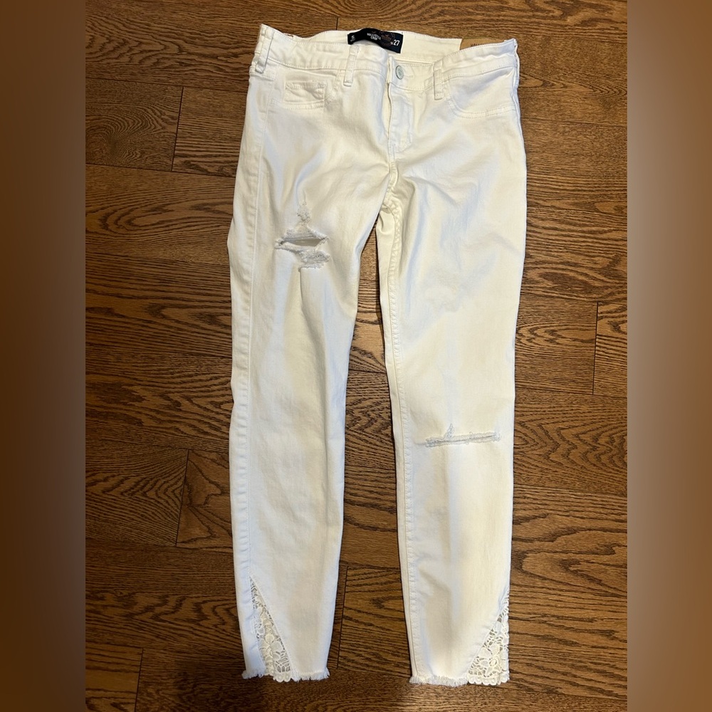 New Womens White Crop Jeans with cute Lace detail and rips